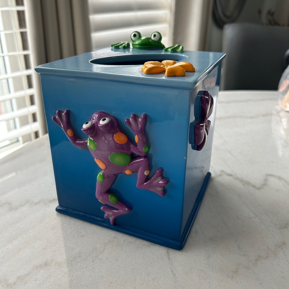 Ceramic Blue Frog Tissue Box Cover with Playful Purple Frog Accents